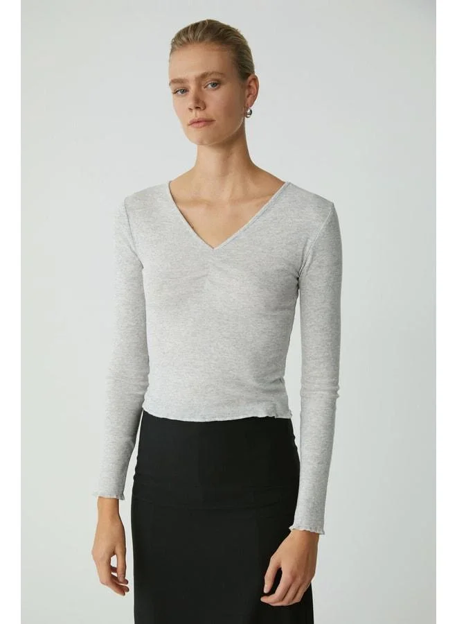 Ethiquet Gıllıs Women's Regular Fit Normal Fit Cotton V-Neck Long Sleeve Basic Grey Mélange Blouse