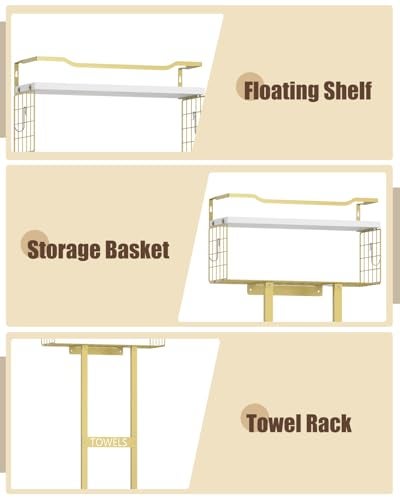 Aetyord Towel Racks for Bathroom - Wall Mounted Metal Rack with Wood Plank, Bathroom Storage Organizer, Towel Holder Stores 6 Large Rolled Towels Easily, Gold and Size XL 31" - Image 5