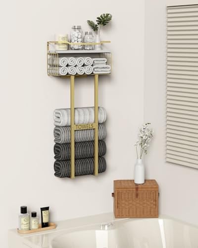 Aetyord Towel Racks for Bathroom - Wall Mounted Metal Rack with Wood Plank, Bathroom Storage Organizer, Towel Holder Stores 6 Large Rolled Towels Easily, Gold and Size XL 31" - Image 4