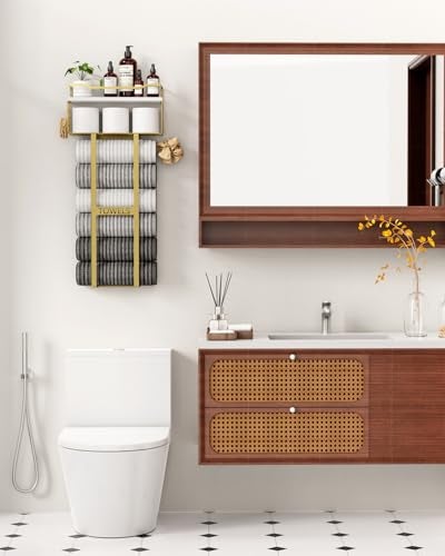 Aetyord Towel Racks for Bathroom - Wall Mounted Metal Rack with Wood Plank, Bathroom Storage Organizer, Towel Holder Stores 6 Large Rolled Towels Easily, Gold and Size XL 31" - Image 2