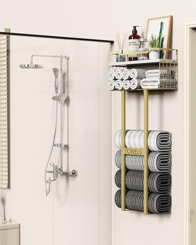 Aetyord Towel Racks for Bathroom - Wall Mounted Metal Rack with Wood Plank, Bathroom Storage Organizer, Towel Holder Stores 6 Large Rolled Towels Easily, Gold and Size XL 31" - Image 3