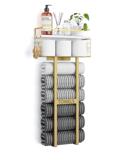 Aetyord Towel Racks for Bathroom - Wall Mounted Metal Rack with Wood Plank, Bathroom Storage Organizer, Towel Holder Stores 6 Large Rolled Towels Easily, Gold and Size XL 31" - Image 1