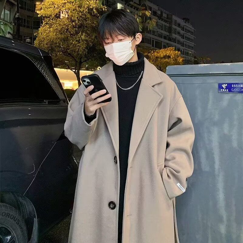 Winter Thickened Korean Style Wool Coat for Men, Mid-Length Jacket for Students, Trendy New Wool Coat