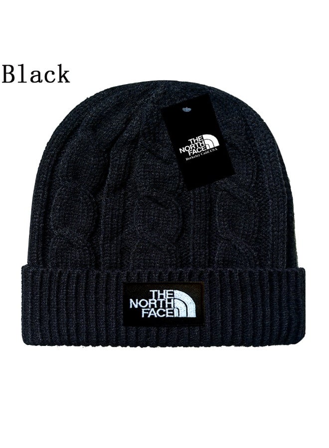 The North Face Black Cable-Knit Beanie - Sleek Warm Winter Hat with Iconic Logo Patch 587Size