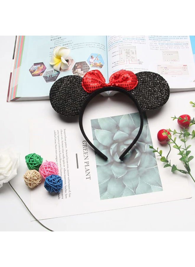 Winvin Set of 24 Mouse Costume Deluxe Fabric Ears Headband Red Bow Boys Girls Birthday Party Hairs Accessories Baby Shower Headwear Halloween Favors Decorations (Sequin Black and Red ) - Image 2