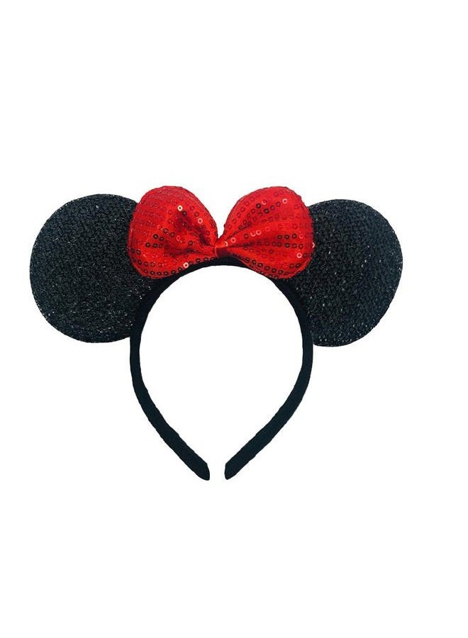 Winvin Set of 24 Mouse Costume Deluxe Fabric Ears Headband Red Bow Boys Girls Birthday Party Hairs Accessories Baby Shower Headwear Halloween Favors Decorations (Sequin Black and Red ) - Image 3