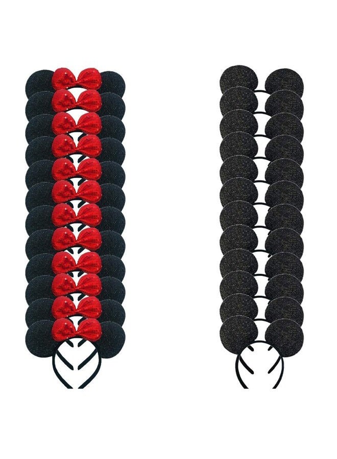 Winvin Set of 24 Mouse Costume Deluxe Fabric Ears Headband Red Bow Boys Girls Birthday Party Hairs Accessories Baby Shower Headwear Halloween Favors Decorations (Sequin Black and Red ) - Image 1