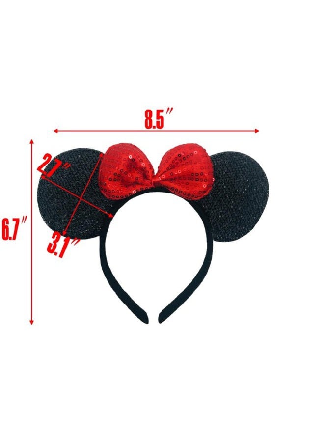 Winvin Set of 24 Mouse Costume Deluxe Fabric Ears Headband Red Bow Boys Girls Birthday Party Hairs Accessories Baby Shower Headwear Halloween Favors Decorations (Sequin Black and Red ) - Image 5