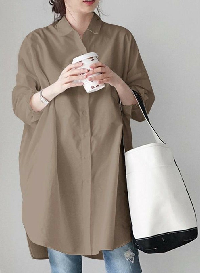 Loquat Women's Solid Long Sleeve Lapel Shirts Casual Loose Button Blouses Tops Khaki  - Image 1