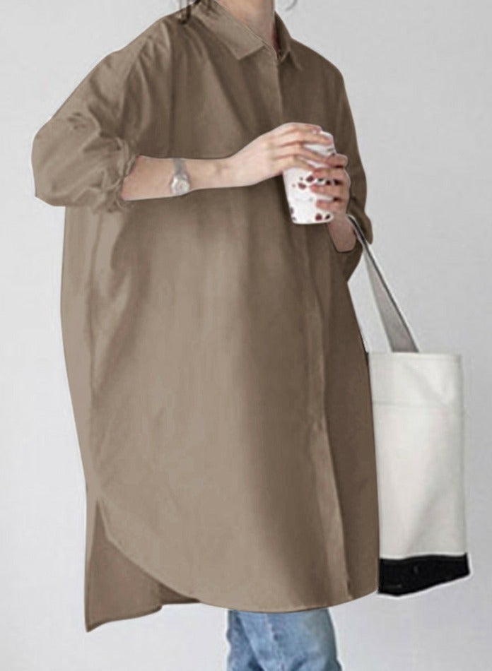 Loquat Women's Solid Long Sleeve Lapel Shirts Casual Loose Button Blouses Tops Khaki  - Image 2