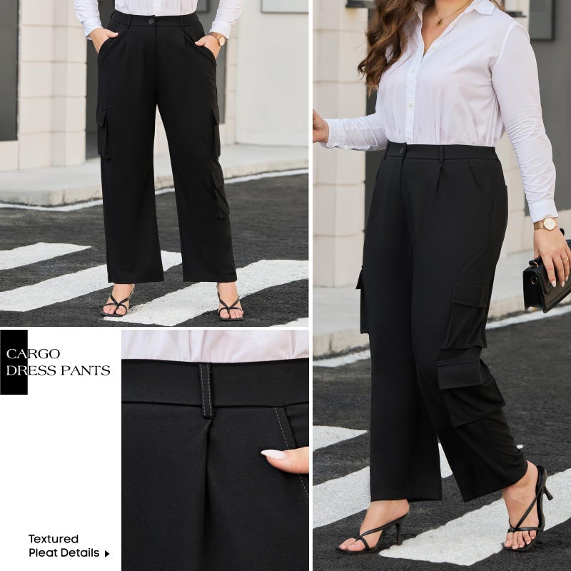 DGD Women's Plus Size High Waisted 4-Way Stretch Cargo Dress Pants - Elastic Waist Office Trousers with Utility Pockets XL Black - Image 3