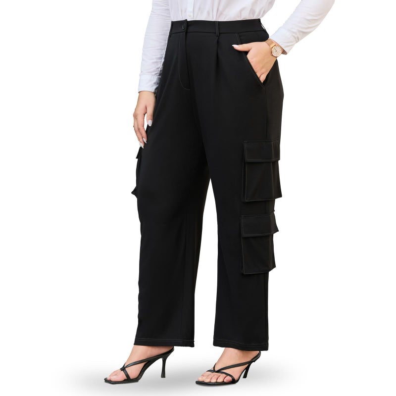 DGD Women's Plus Size High Waisted 4-Way Stretch Cargo Dress Pants - Elastic Waist Office Trousers with Utility Pockets XL Black - Image 1