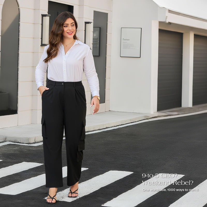 DGD Women's Plus Size High Waisted 4-Way Stretch Cargo Dress Pants - Elastic Waist Office Trousers with Utility Pockets XL Black - Image 5
