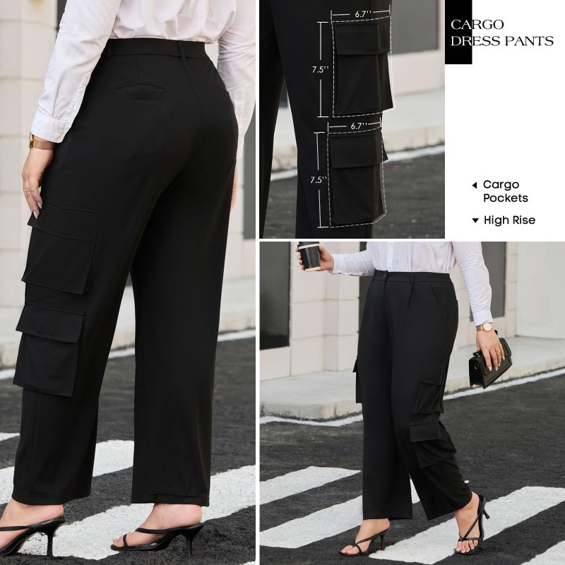 DGD Women's Plus Size High Waisted 4-Way Stretch Cargo Dress Pants - Elastic Waist Office Trousers with Utility Pockets XL Black - Image 2