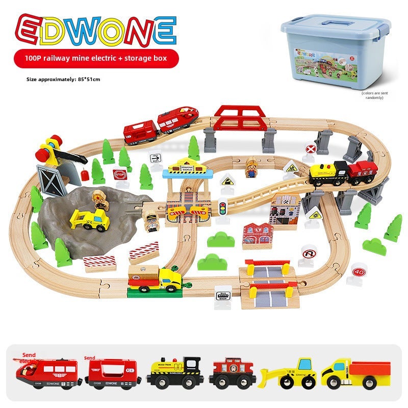 EDWONE70P Beechwood Train Track Set for Kids 100p railway mine (storage barrel)