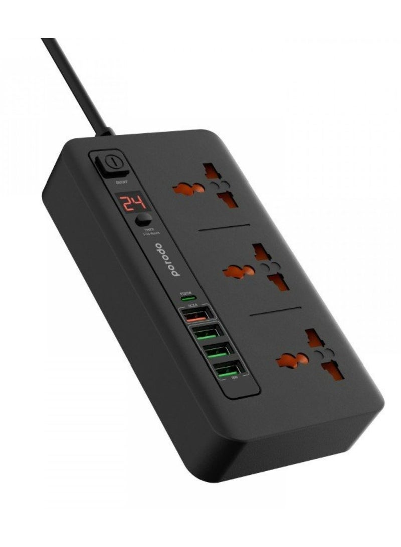 porodo Multi-Port Power HUB with Power Button & Timer, Over-Heat Protection, 4 USB-A, 1 USB-C, 2m Power Cord - Black  - Image 3