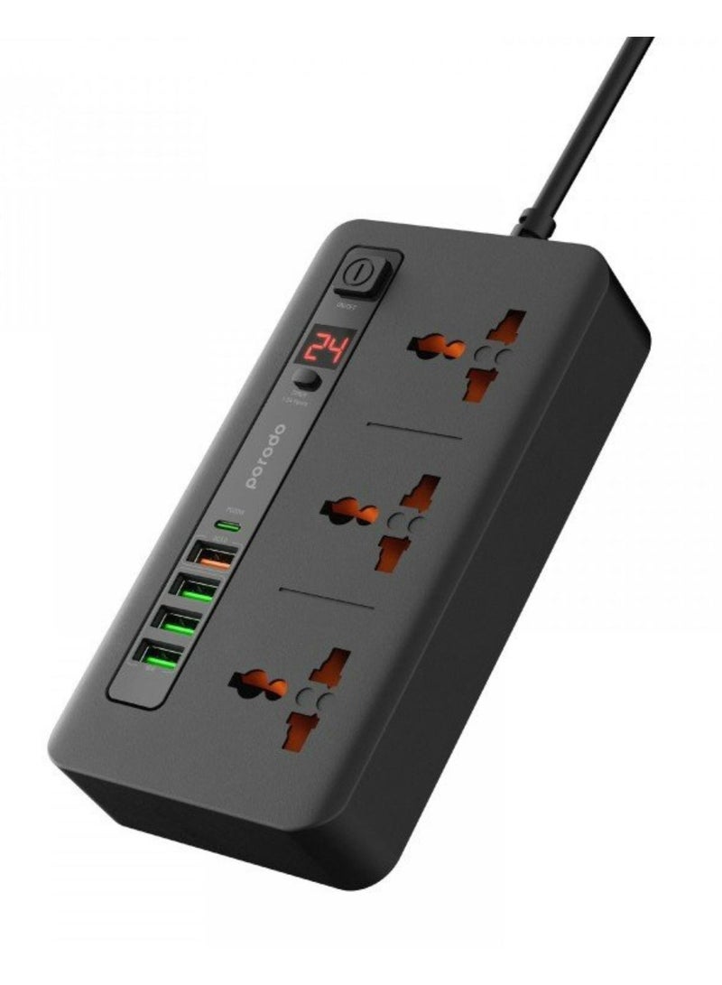 porodo Multi-Port Power HUB with Power Button & Timer, Over-Heat Protection, 4 USB-A, 1 USB-C, 2m Power Cord - Black  - Image 2