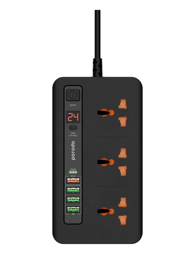 porodo Multi-Port Power HUB with Power Button & Timer, Over-Heat Protection, 4 USB-A, 1 USB-C, 2m Power Cord - Black  - Image 1