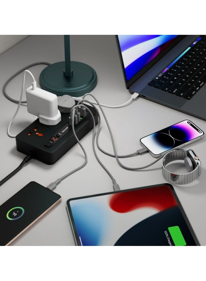 porodo Multi-Port Power HUB with Power Button & Timer, Over-Heat Protection, 4 USB-A, 1 USB-C, 2m Power Cord - Black  - Image 4