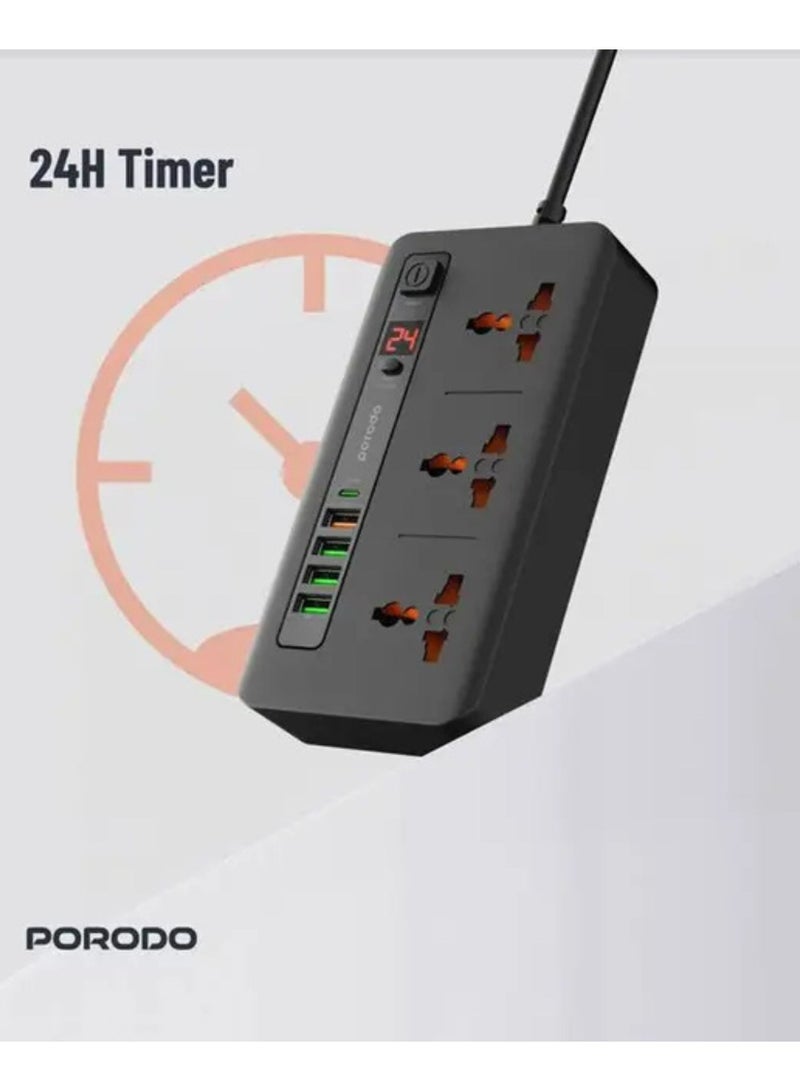 porodo Multi-Port Power HUB with Power Button & Timer, Over-Heat Protection, 4 USB-A, 1 USB-C, 2m Power Cord - Black  - Image 5