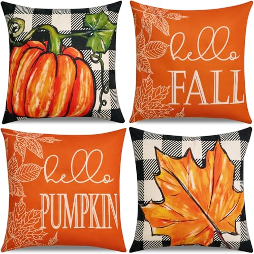 Hongsome Fall DecorThrow Pillow Covers 18x18in Set of 4Pumpkin Linen Pillow Case for Halloween Couch Autumn Holiday Outdoor Burnt Orange Decorations - Image 1