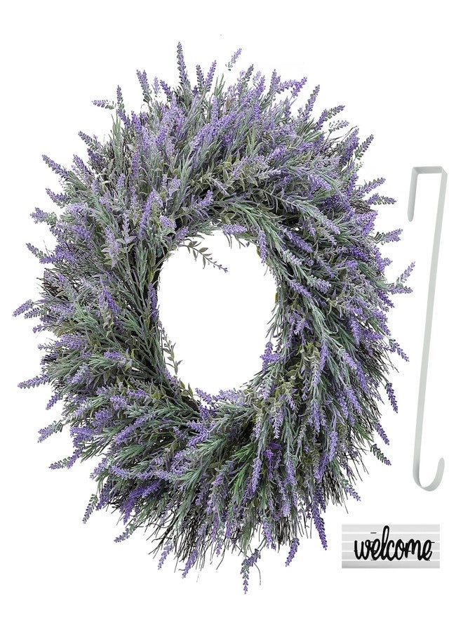 Huadanbor 24" Wreaths, Spring Wreaths, Artificial Lavender Wreath for Front Door, with Welcome Sign Wreath Hanger, for Spring, Summer, Autumn,Winter, Indoors,Outdoors, corridors, Offices. (Purple) - Image 3