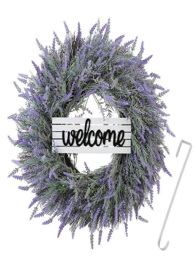 Huadanbor 24" Wreaths, Spring Wreaths, Artificial Lavender Wreath for Front Door, with Welcome Sign Wreath Hanger, for Spring, Summer, Autumn,Winter, Indoors,Outdoors, corridors, Offices. (Purple) - Image 2