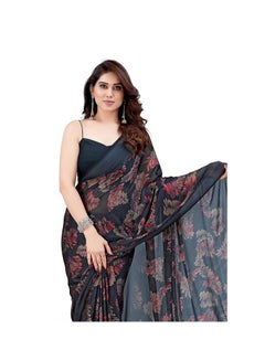 Accessorize Kingdom Women's Stylish Chiffon Leaf Printed Saree with Blouse Piece  - Image 1