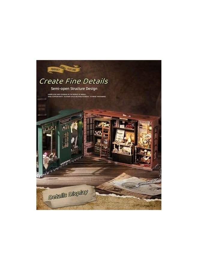 The Bros Dorany Book Nook Kit - DIY Dollhouse Booknook, Book Nook Miniature Kit for Bookshelf Insert Decor Crafts for Adults Teen Halloween, 3D Wooden Puzzle Bookends with Sensor Led Light (Magic House) - Image 4