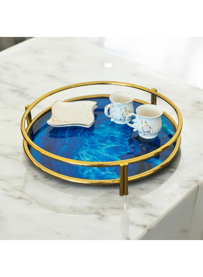 أولودينيز  صينية فاخرة دائرية بنمط العقيق الأزرق – قاعدة مرآة ومقابض ذهبية للتقديم والديكور - Image 3