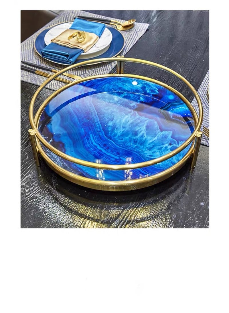 أولودينيز  صينية فاخرة دائرية بنمط العقيق الأزرق – قاعدة مرآة ومقابض ذهبية للتقديم والديكور - Image 4