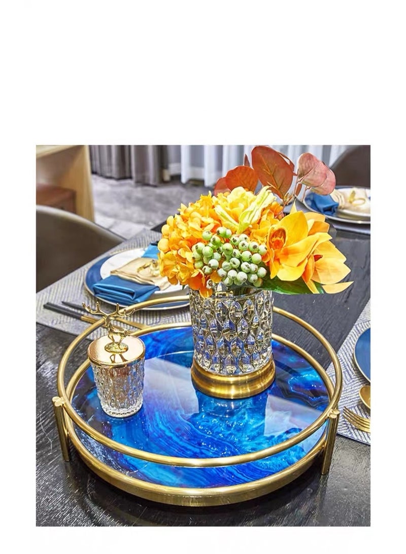 أولودينيز  صينية فاخرة دائرية بنمط العقيق الأزرق – قاعدة مرآة ومقابض ذهبية للتقديم والديكور - Image 1