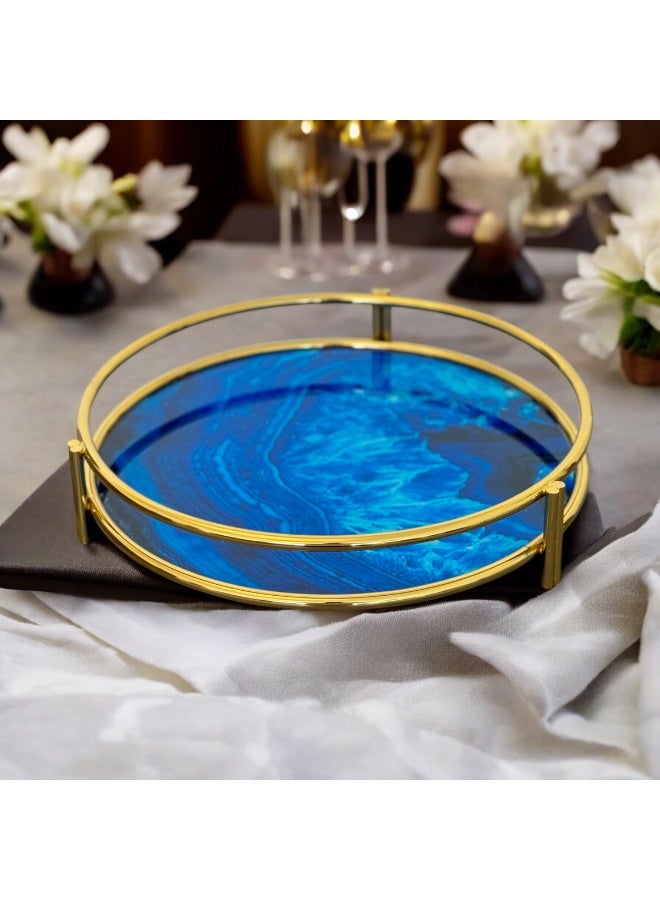 أولودينيز  صينية فاخرة دائرية بنمط العقيق الأزرق – قاعدة مرآة ومقابض ذهبية للتقديم والديكور - Image 2