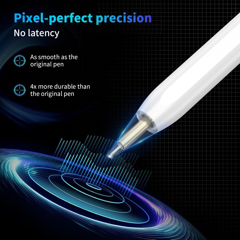 AMZBOSS قلم ستايلس لجهاز آيباد 2018-2025، قلم مغناطيسي سريع الشحن USB C مع حساسية الميل ورفض راحة اليد، قلم لجهاز آيباد a16/6/7/8/9/10/11، آيباد برو 11"/12.9"/M4، آيباد إير 3/4/5/M2/M3، أبيض - Image 3