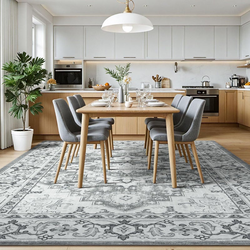 Lessymo 8 x 10 Area Rugs for Living Room- Machine Washable Area Rugs Boho Faux Wool Low Pile Area Rug for Bedroom, Floral Medallion Vintage Rugs with Non-Slip Rubber, Kid & Pet Friendly, Grey White - Image 3