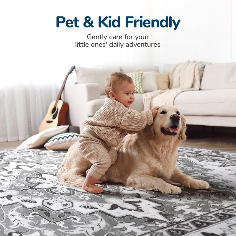 Lessymo 8 x 10 Area Rugs for Living Room- Machine Washable Area Rugs Boho Faux Wool Low Pile Area Rug for Bedroom, Floral Medallion Vintage Rugs with Non-Slip Rubber, Kid & Pet Friendly, Grey White - Image 5