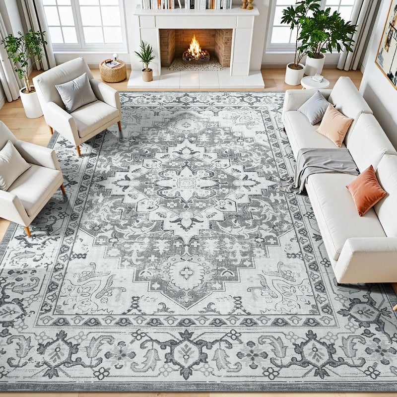 Lessymo 8 x 10 Area Rugs for Living Room- Machine Washable Area Rugs Boho Faux Wool Low Pile Area Rug for Bedroom, Floral Medallion Vintage Rugs with Non-Slip Rubber, Kid & Pet Friendly, Grey White - Image 1