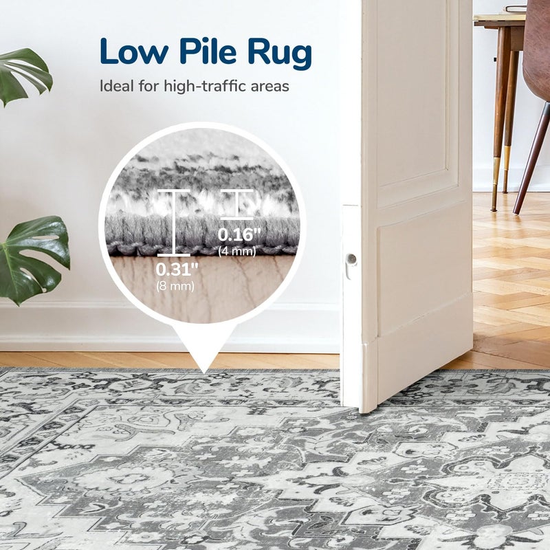 Lessymo 8 x 10 Area Rugs for Living Room- Machine Washable Area Rugs Boho Faux Wool Low Pile Area Rug for Bedroom, Floral Medallion Vintage Rugs with Non-Slip Rubber, Kid & Pet Friendly, Grey White - Image 4