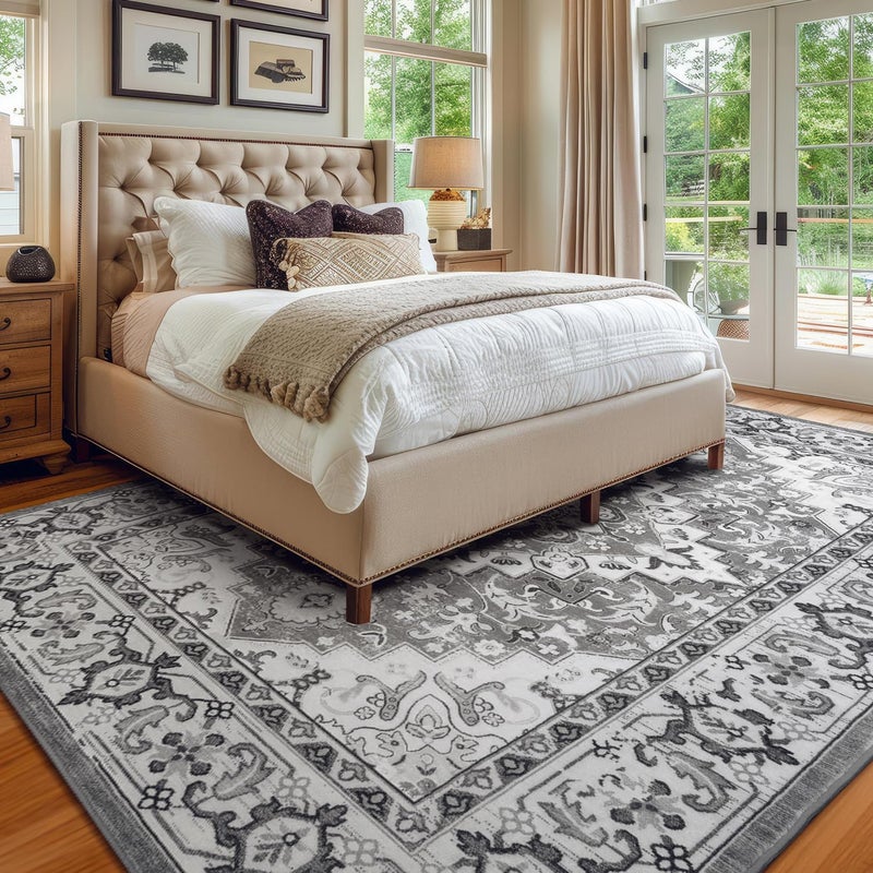 Lessymo 8 x 10 Area Rugs for Living Room- Machine Washable Area Rugs Boho Faux Wool Low Pile Area Rug for Bedroom, Floral Medallion Vintage Rugs with Non-Slip Rubber, Kid & Pet Friendly, Grey White - Image 2