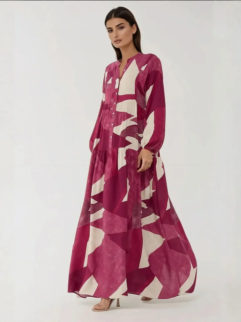 Printed Long Sleeve Viscose Maxi Dress