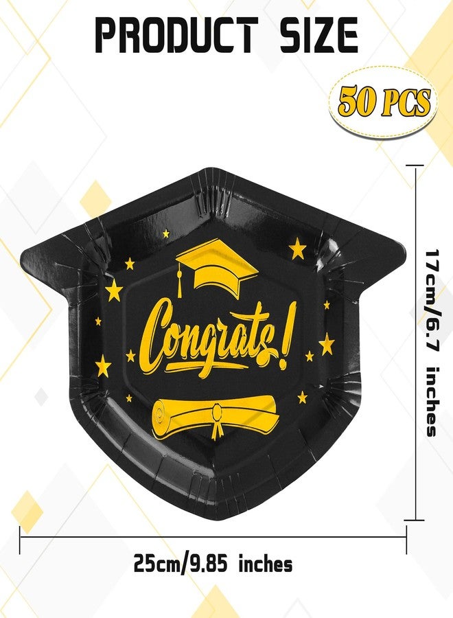Aneco 50 Pieces 2026 Graduation Cap Paper Plates Graduation Party Plates Congrats Grad Dinner Plate Black Disposable Paper Plate for Graduate Party Supplies - Image 2
