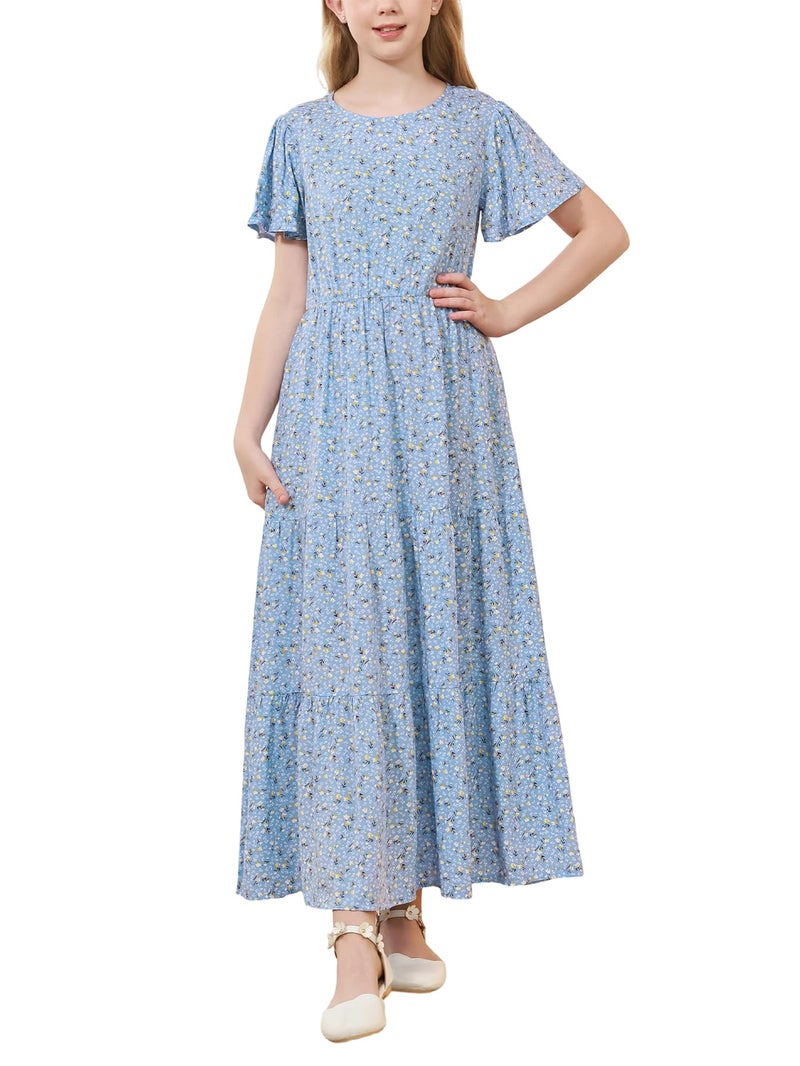 GORLYA Girls Floral Dress Maxi Tiered Round Neck Short Sleeve Elastic Waist Casual Dress 6-14 Years (GOR1259,14Y,Blueprint) - Image 1