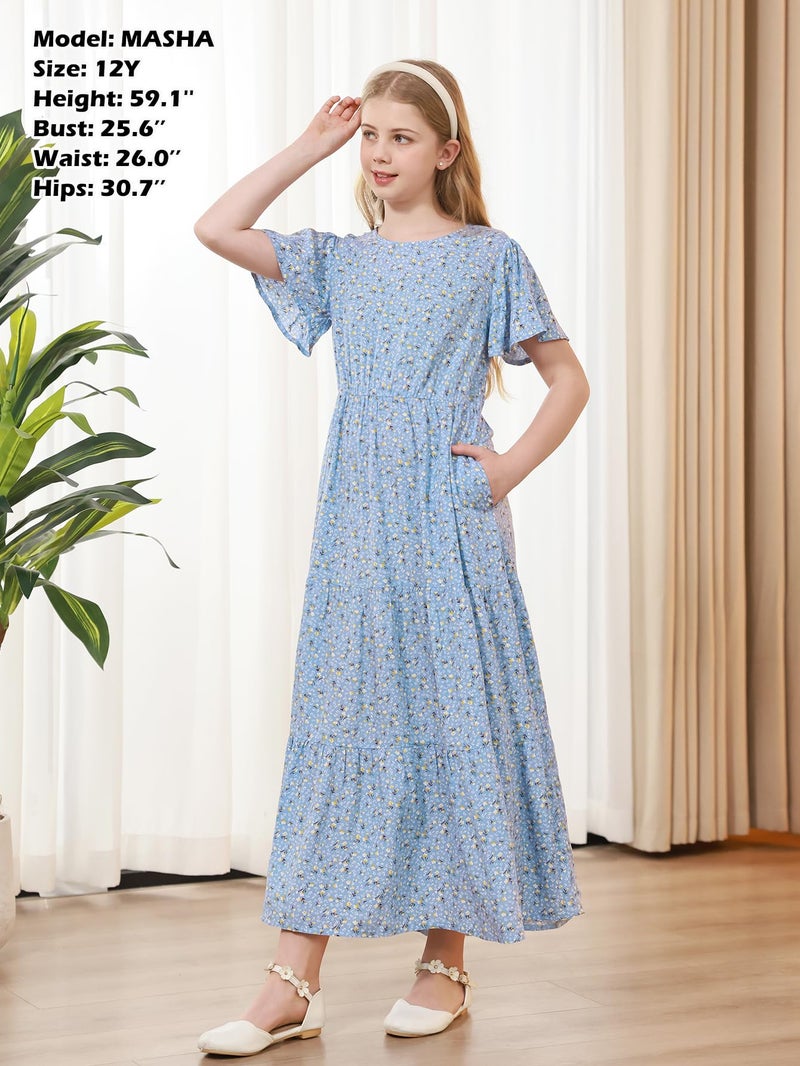 GORLYA Girls Floral Dress Maxi Tiered Round Neck Short Sleeve Elastic Waist Casual Dress 6-14 Years (GOR1259,14Y,Blueprint) - Image 5