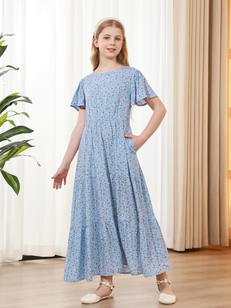 GORLYA Girls Floral Dress Maxi Tiered Round Neck Short Sleeve Elastic Waist Casual Dress 6-14 Years (GOR1259,14Y,Blueprint) - Image 4