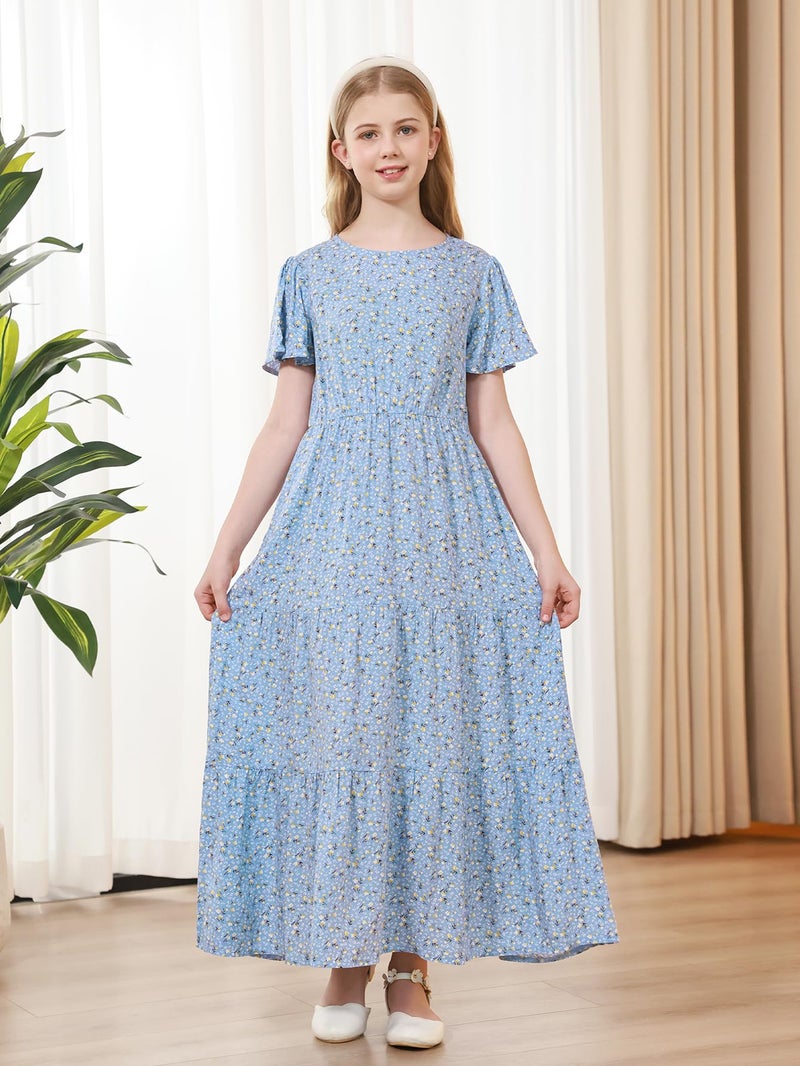 GORLYA Girls Floral Dress Maxi Tiered Round Neck Short Sleeve Elastic Waist Casual Dress 6-14 Years (GOR1259,14Y,Blueprint) - Image 3