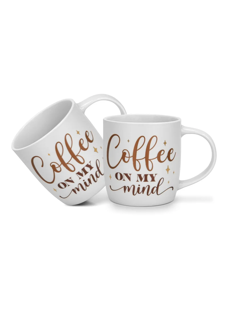 Fissman 2-Piece Mugs 310ml Coffee On My Mind Coffee Mugs Set Couple Mug Valentines Day, New Bone China with Non Slip Bottom Coffee Cups for for Tea, Coffee, Present For Her/Him, Surprise Gift For Heart Day