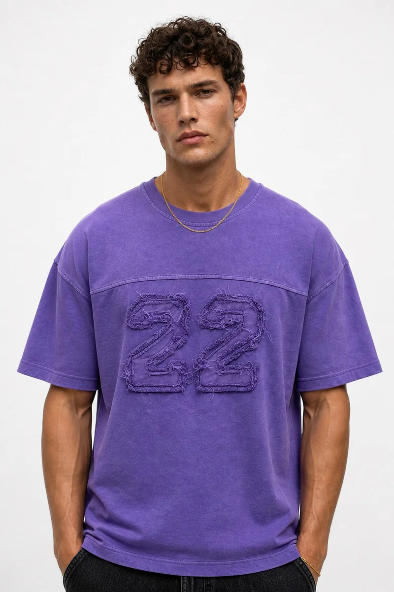 Respire Men's 22 Embroidered Washed Oversize T-Shirt Purple
