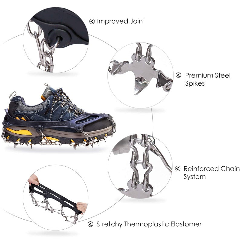 Cimkiz Crampons Ice Cleats Traction Snow Grips for Boots Shoes Women Men Anti Slip 19 Stainless Steel Spikes Safe Protect for Hiking Fishing Walking Climbing Mountaineering(Black,Medium) - Image 3