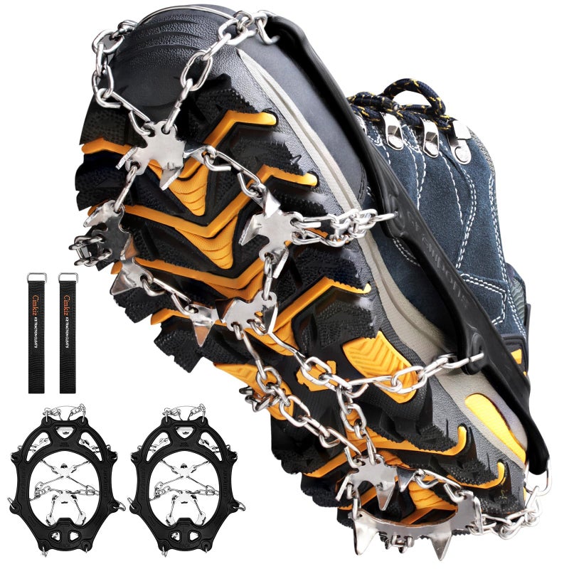 Cimkiz Crampons Ice Cleats Traction Snow Grips for Boots Shoes Women Men Anti Slip 19 Stainless Steel Spikes Safe Protect for Hiking Fishing Walking Climbing Mountaineering(Black,Medium) - Image 1