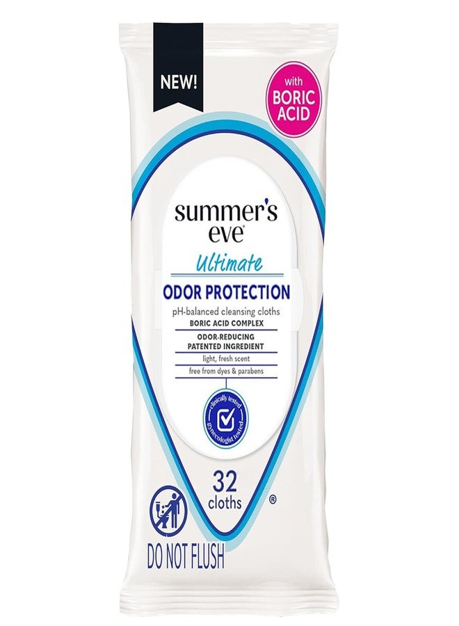 Summer's Eve Ultimate Odor Protection Daily Feminine Wipes, Gentle pH-Balanced Formula with Boric Acid Cleanses & Removes Vaginal Odor, Resealable Pack, 32 Body Wipes - Image 1